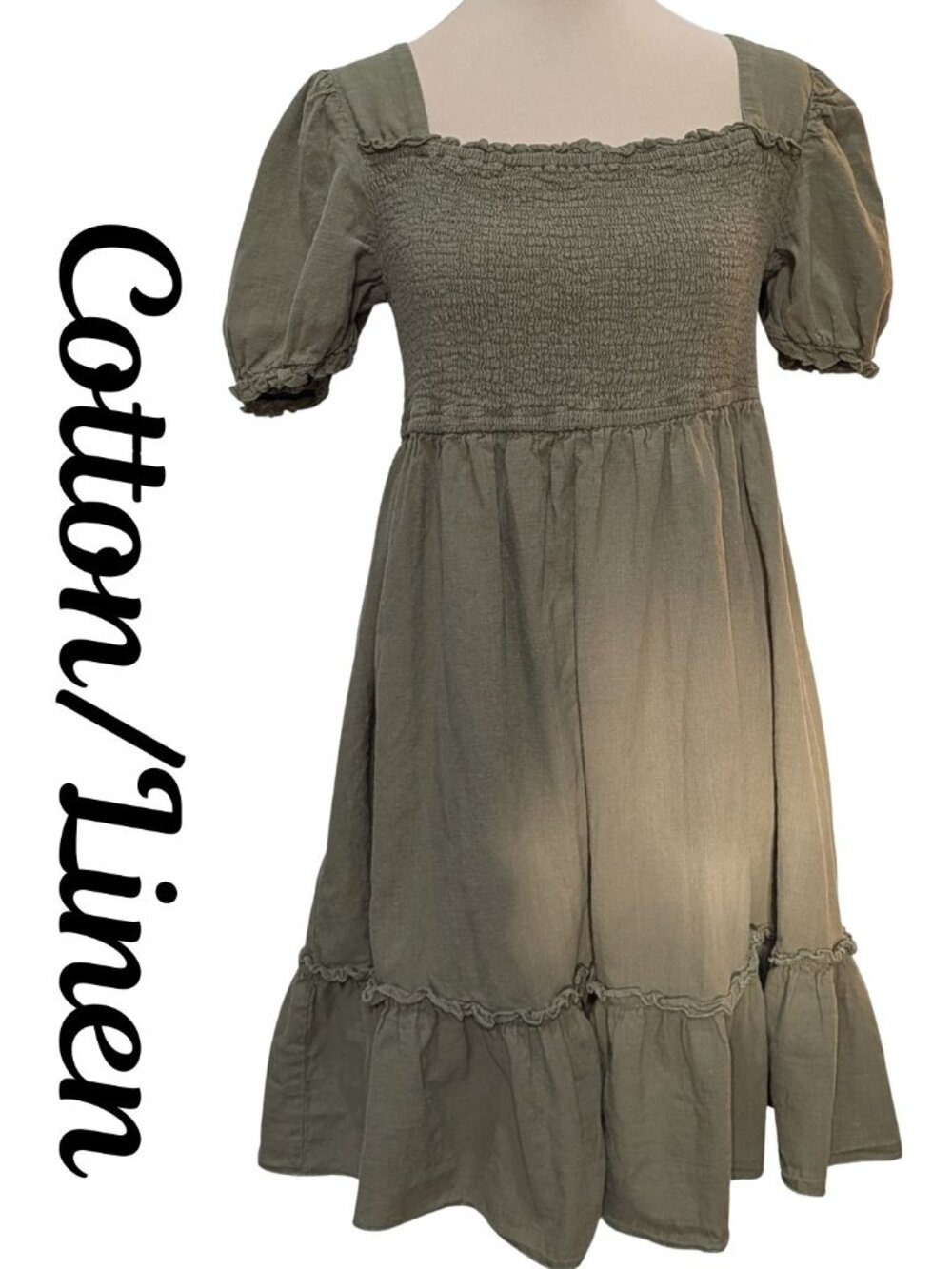 Zexxxy Olive Green Smocked Puff Sleeve Cotton Linen Tiered Dress